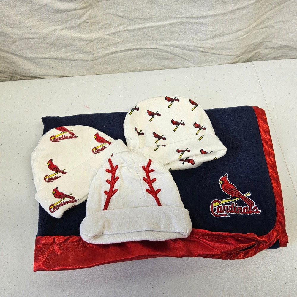 MLB St Louis Cardinals Baby Blanket and Beanie Hat Set Infant Blue Red White